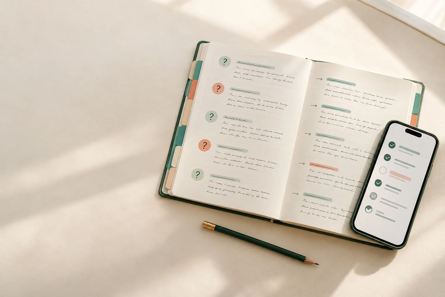 Cuaderno con preguntas y respuestas organizadas junto a una lista de verificación